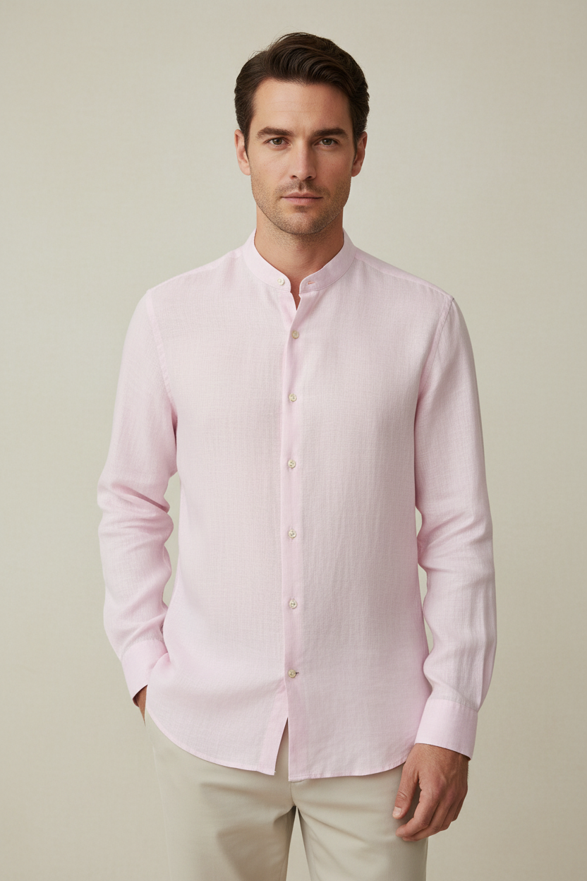 Camicia lino rosa - collo coreana fronte