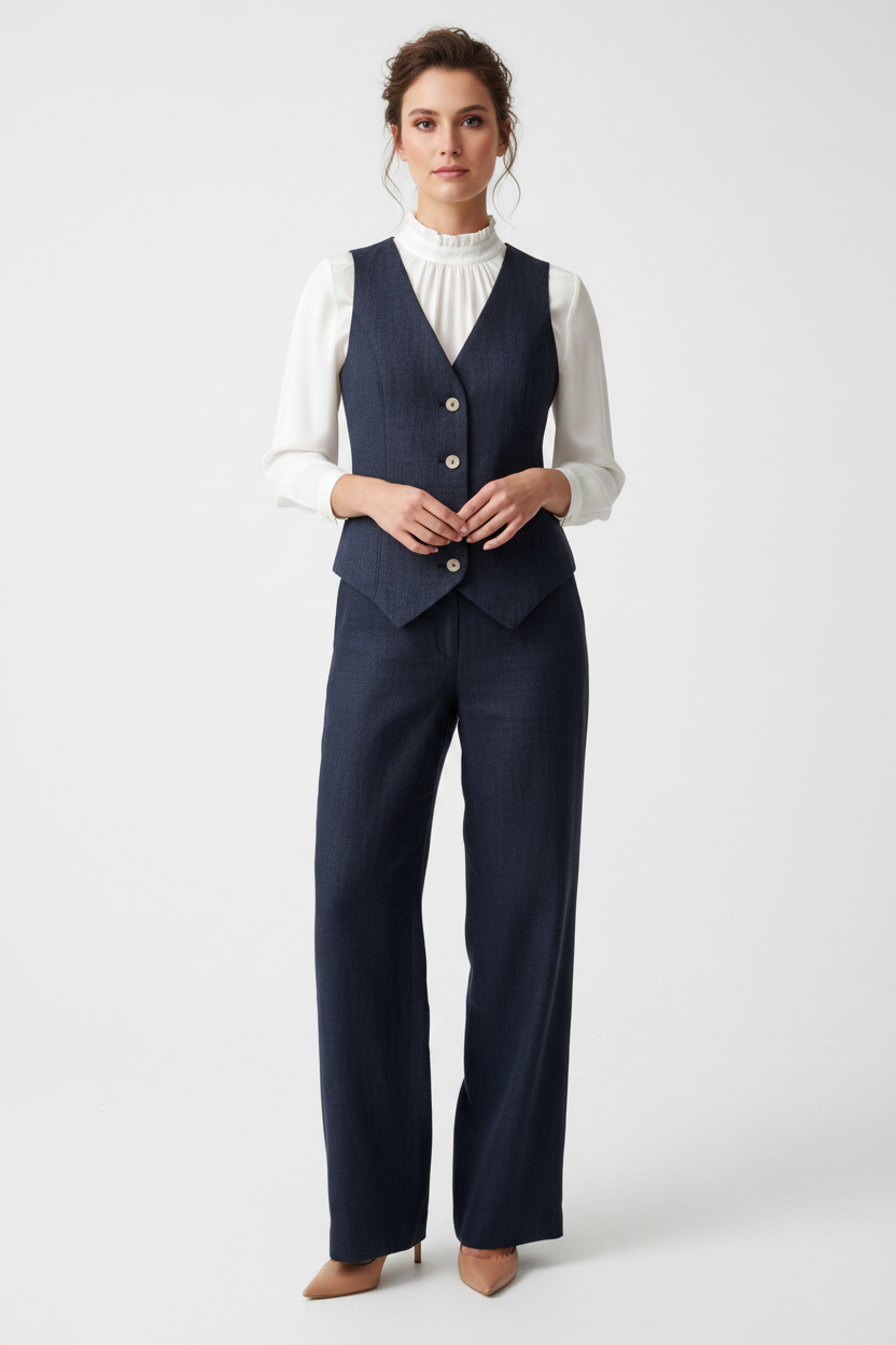Gilet in Lino Blu - Modella Fronte